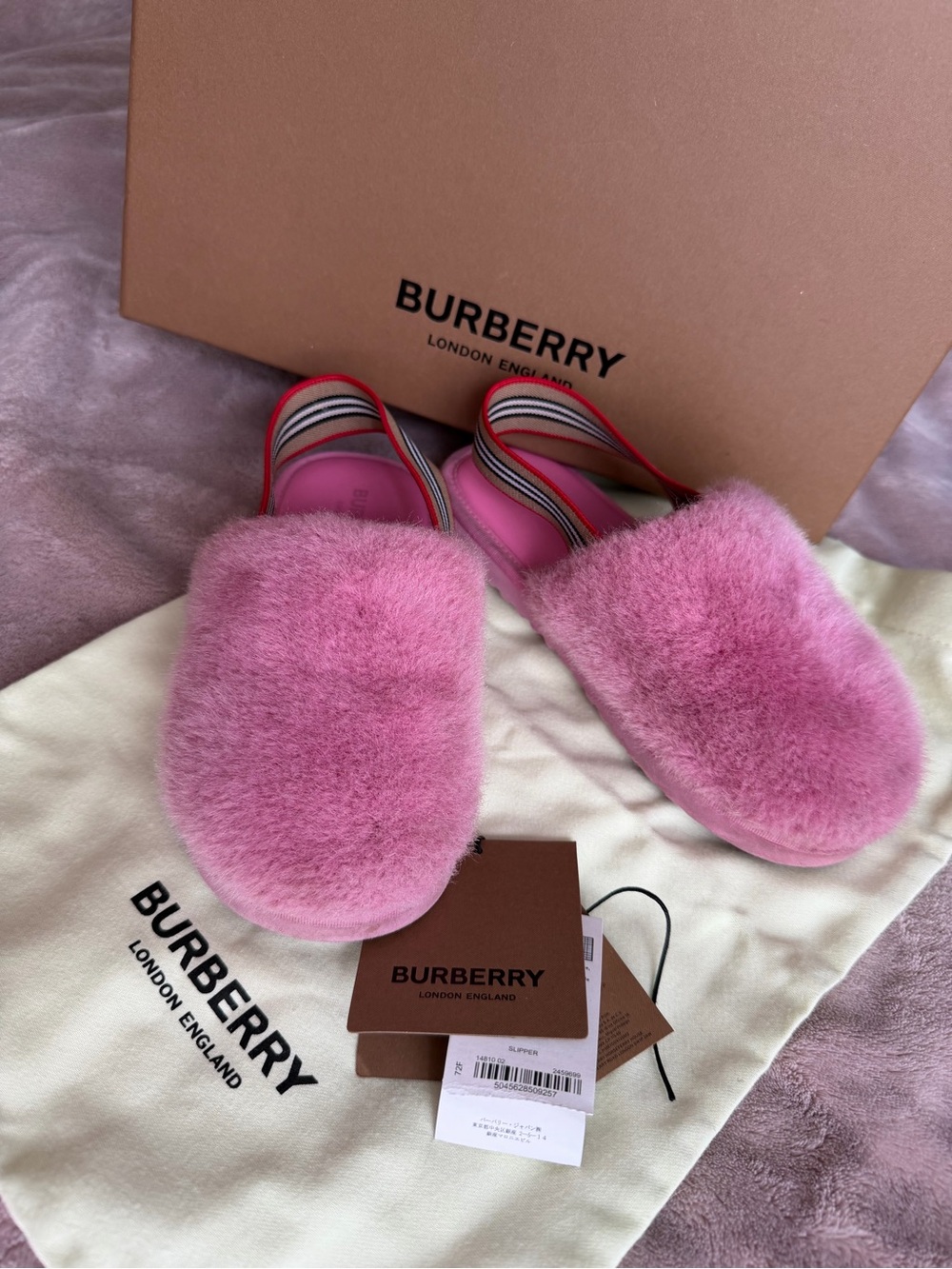 Burberry Pink Plush Slide Sandals with Striped Sling Size 33 USA 2